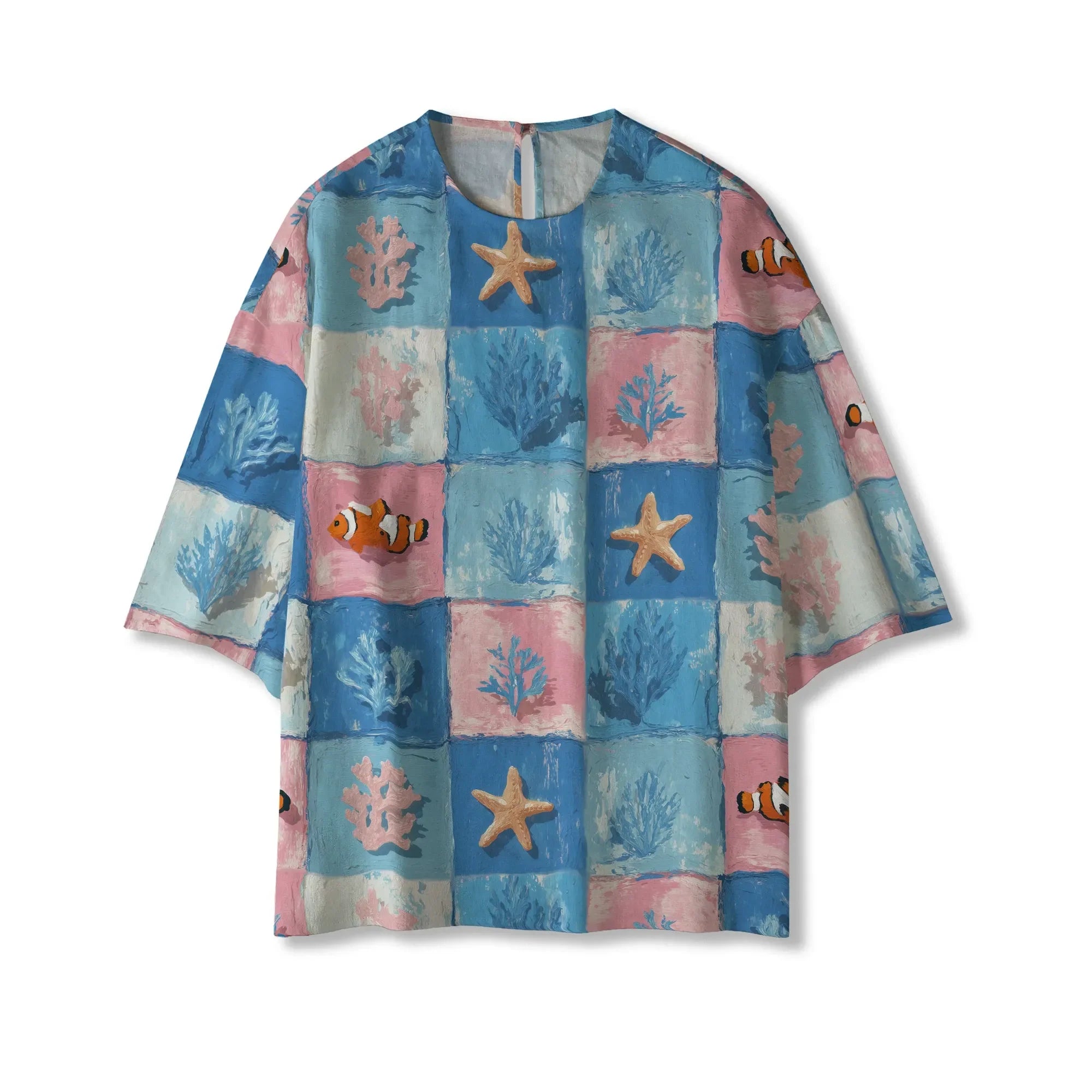 Blue Aloha Oceanic Chessboard women's shirt, vacation style