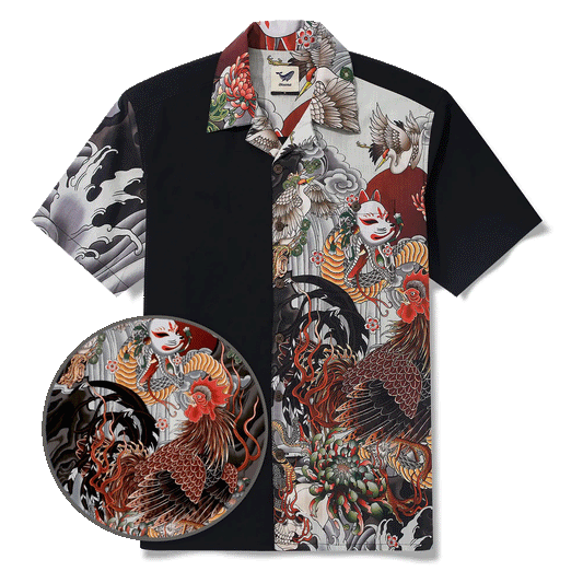 Men's Hawaiian shirt with Kitsune mask and rooster design