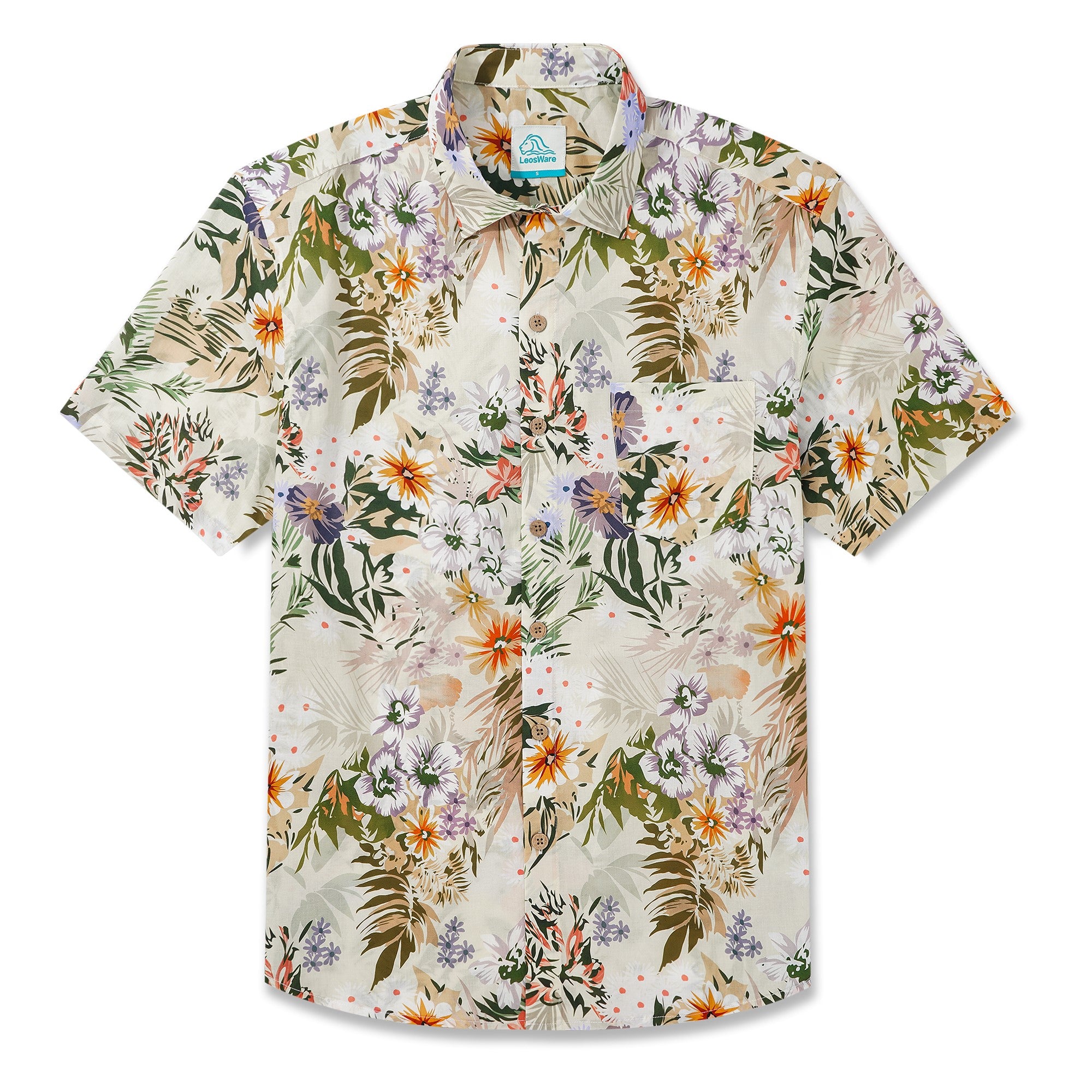 LeosWare® Men's Hawaiian Shirt Short Sleeve Button-up 100% Cotton Beige Aloha Tropical Flower Silhouette
