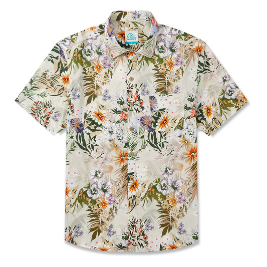LeosWare® Men's Hawaiian Shirt Short Sleeve Button-up 100% Cotton Beige Aloha Tropical Flower Silhouette