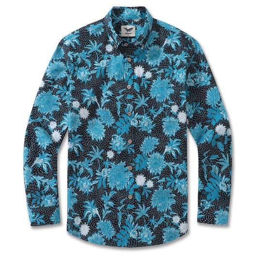 Camisa Hawaiana de Manga Larga para Hombre Girasol Mar 100% Algodón Camisa Aloha con Botones