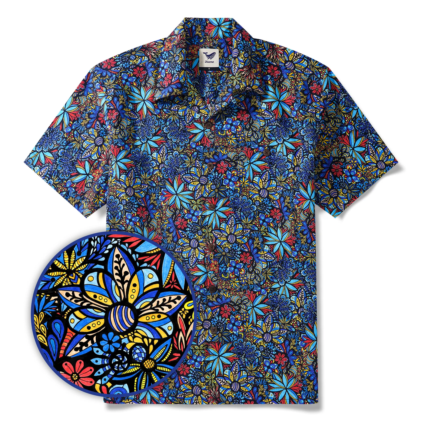 Men's Hawaiian Shirt Short Sleeve Camp Collar 100% Cotton Blue Aloha TALAVERA BOUQUET By Lori Anne McKague