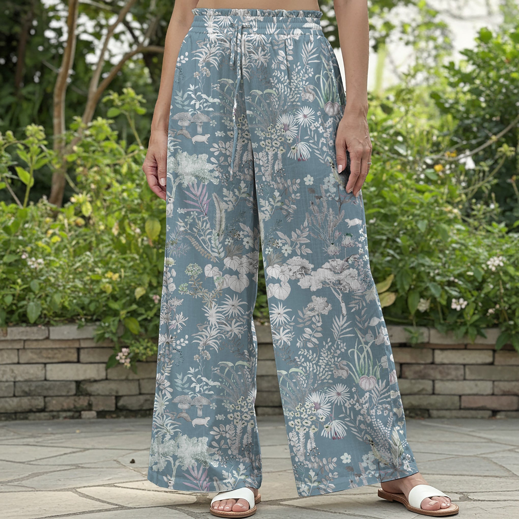 Women Casual Pants Lounge Elastic Waist Drawstring with Pockets 100% Cotton Blue Aloha Enigmatic Azure Wonderland