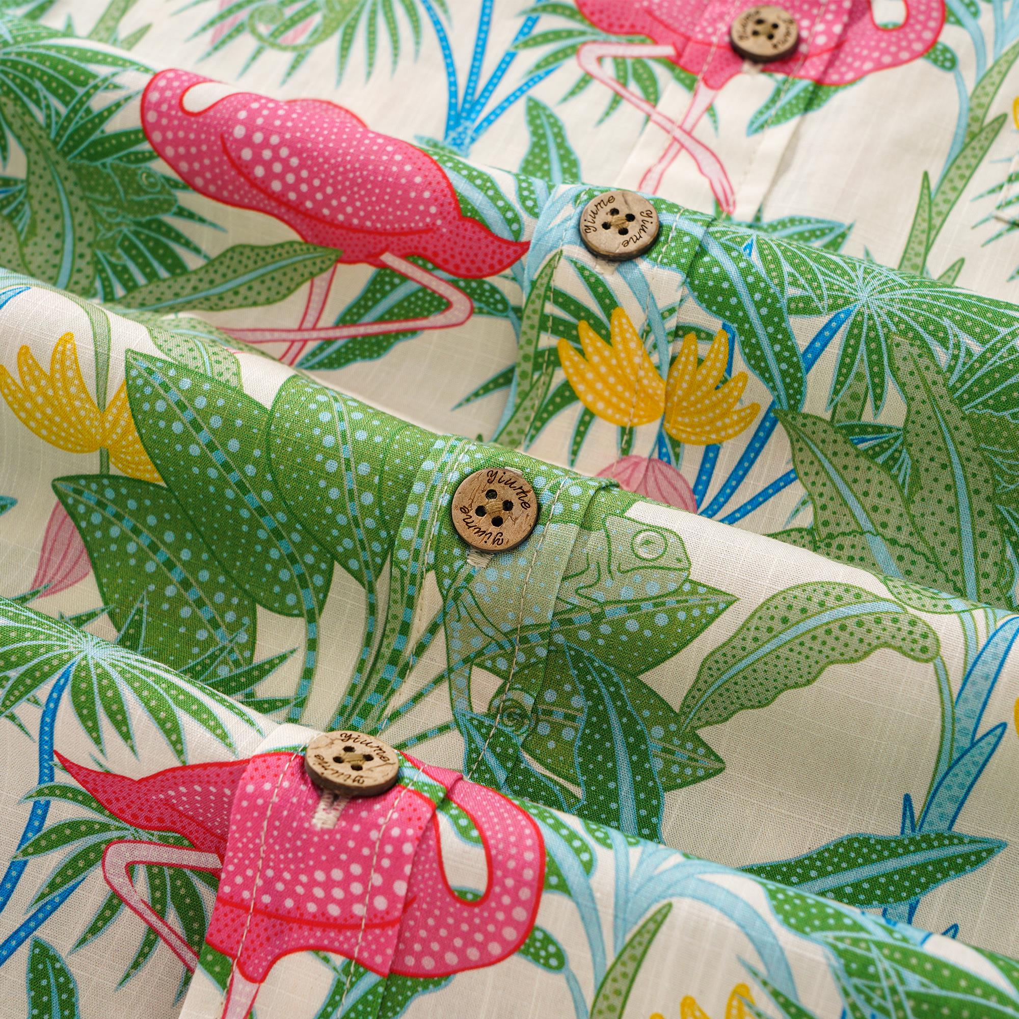 Herren-Hawaiian-Hemd Kurzärmel Button 100% Baumwolle Beige Aloha Flamingos & Chameleons von House of Haricot