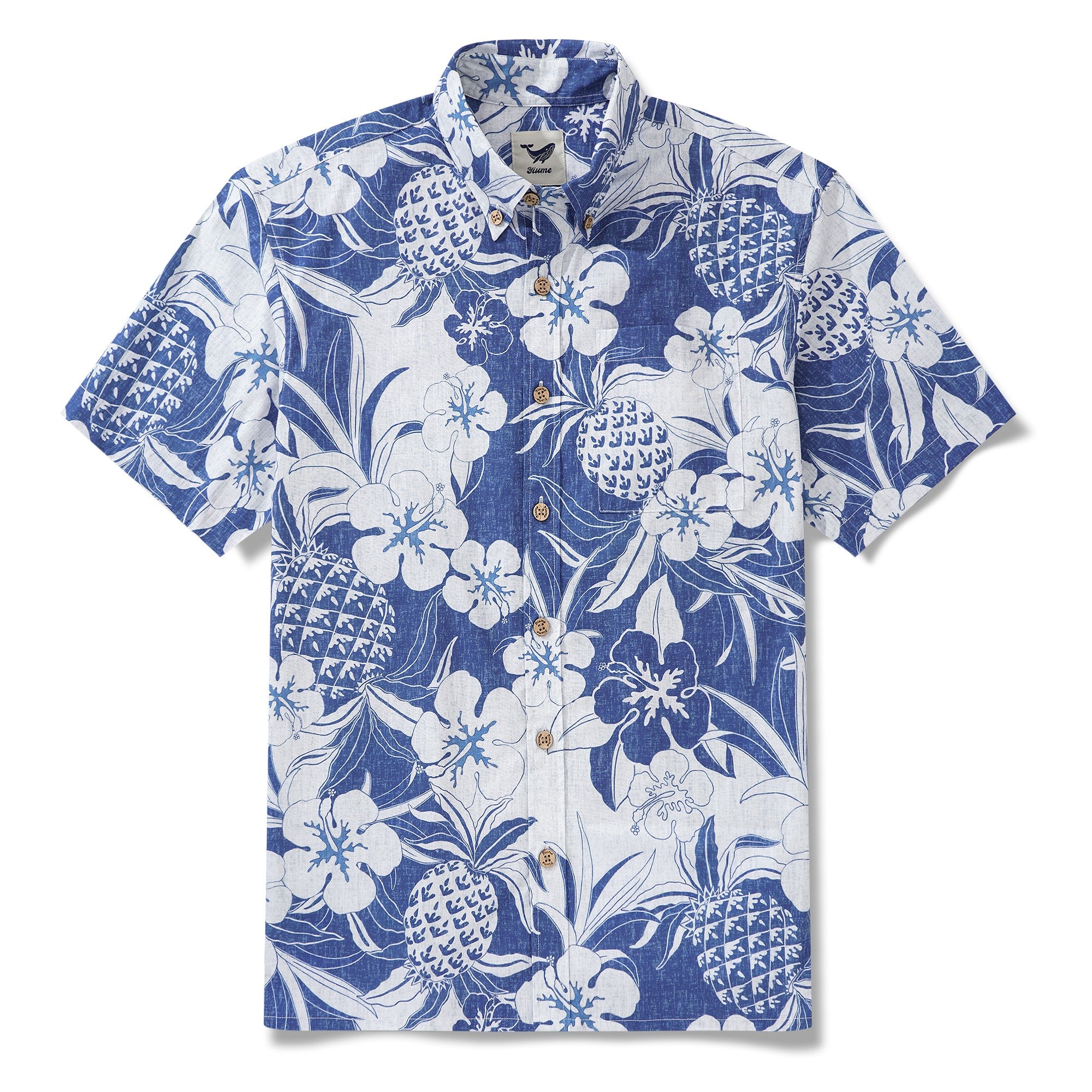 Yiume Blue Tropical Hawaiian Shirt For Men Short Sleeve Button-down Cotton Aloha Pineapple Shirt