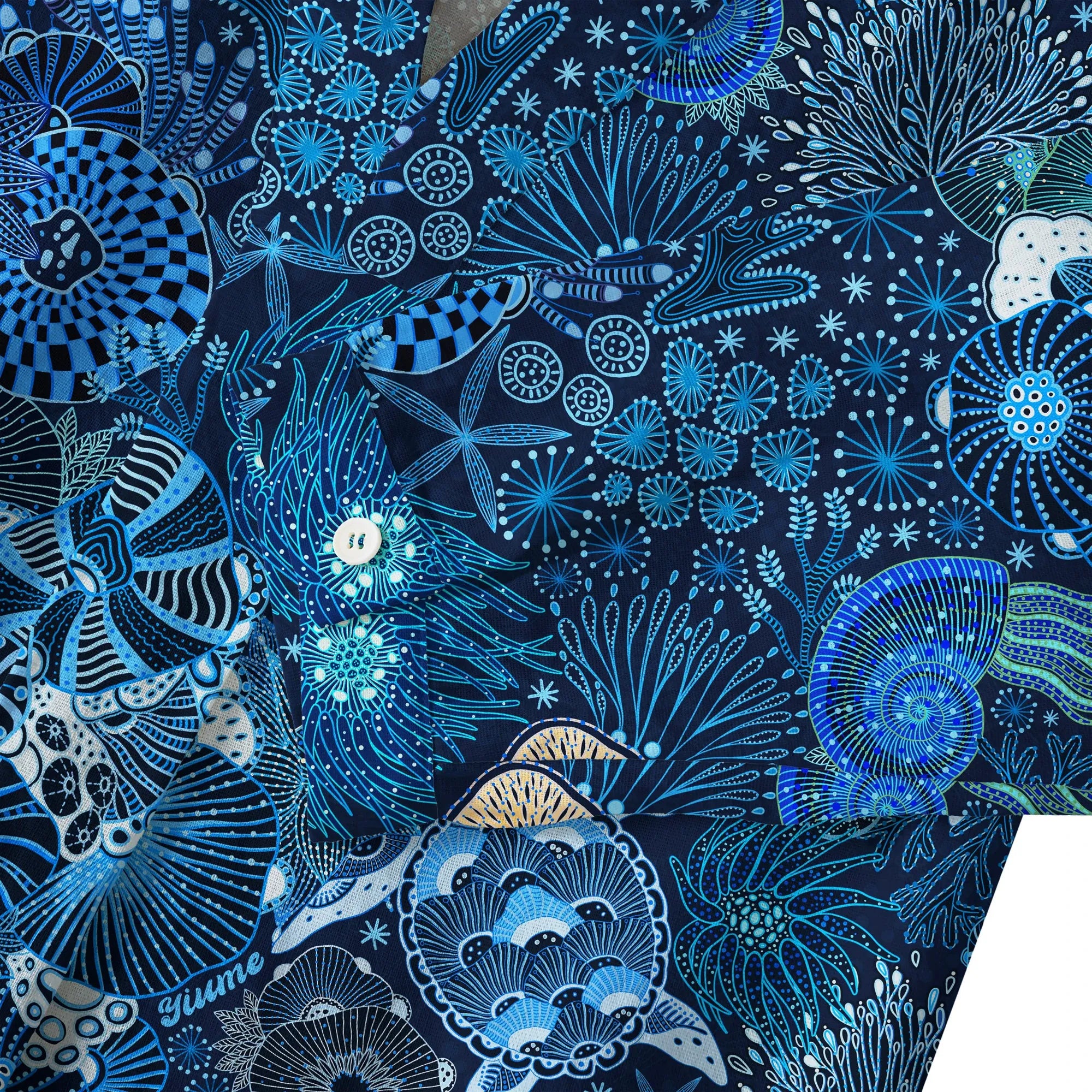 V-neck 3/4 sleeve blouse in blue with marine life art