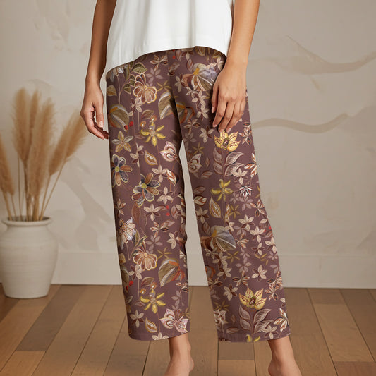 Women Casual Ankle Pants Lounge Elastic Waist with Pockets 93% Lyocell, 7% Linen Brown Aloha Dreamweaving In Shades Of Brown Blooms