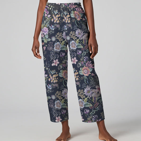 Women Casual Ankle Pants Lounge Elastic Waist with Pockets 93% Lyocell, 7% Linen Blue Aloha Night Blossom Dream