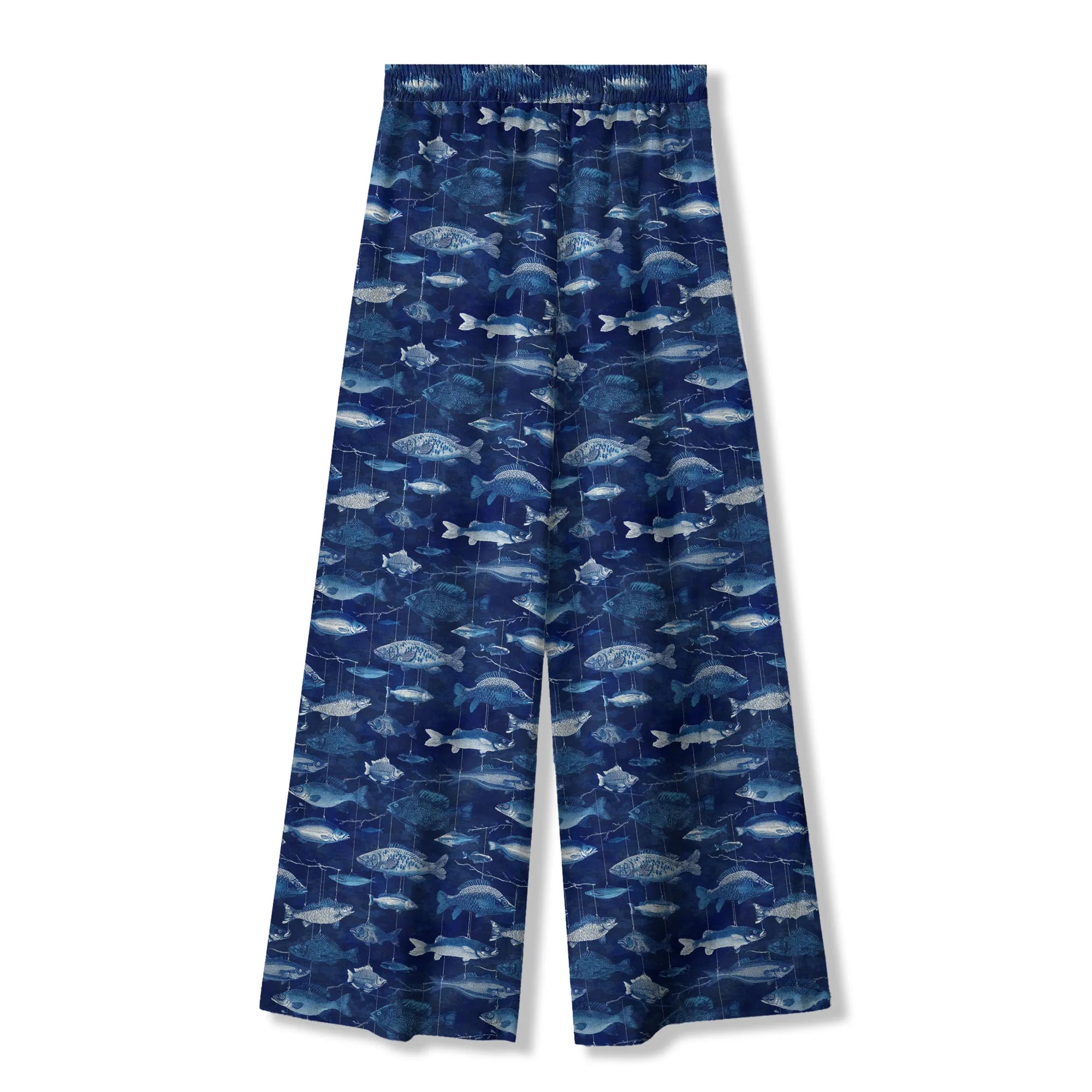 Blue wide leg pants, hanging fish pattern, women's art shirt