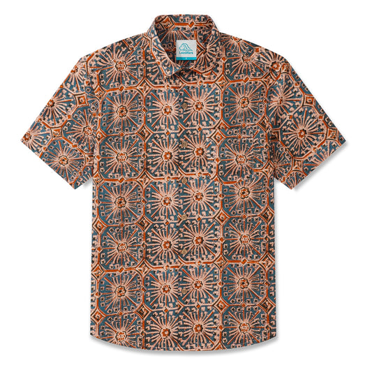 LeosWare® Men's Hawaiian Shirt Short Sleeve Button-up 100% Cotton Blue Aloha Elegant Vintage Symmetrical Pattern Art