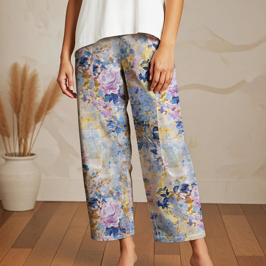 Women Casual Ankle Pants Lounge Elastic Waist with Pockets 93% Lyocell, 7% Linen Purple Aloha Elegant Blossom