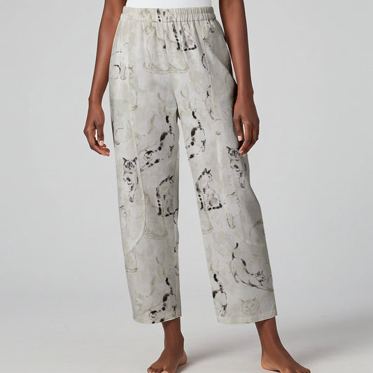 Women Casual Ankle Pants Lounge Elastic Waist with Pockets 93% Lyocell, 7% Linen Gray Aloha Cat's Delight