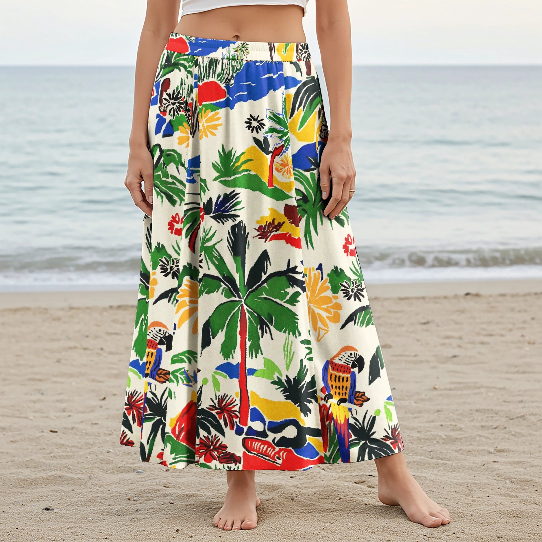 Women Casual Maxi Skirt Long Elastic Waist with Pockets 100% Cotton Red Aloha Vacation Vibes