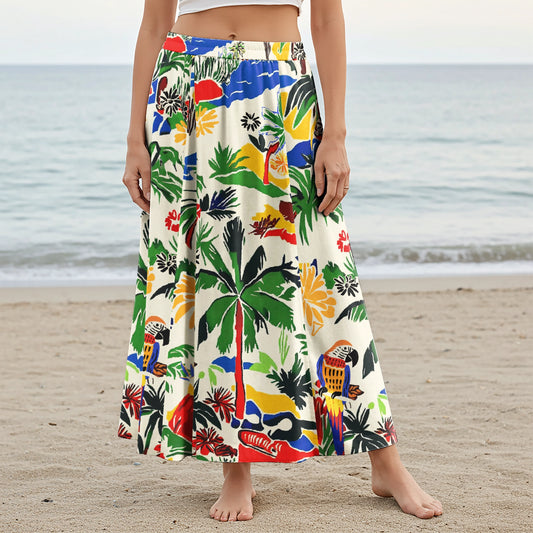 Women Casual Maxi Skirt Long Elastic Waist with Pockets 100% Cotton Red Aloha Vacation Vibes