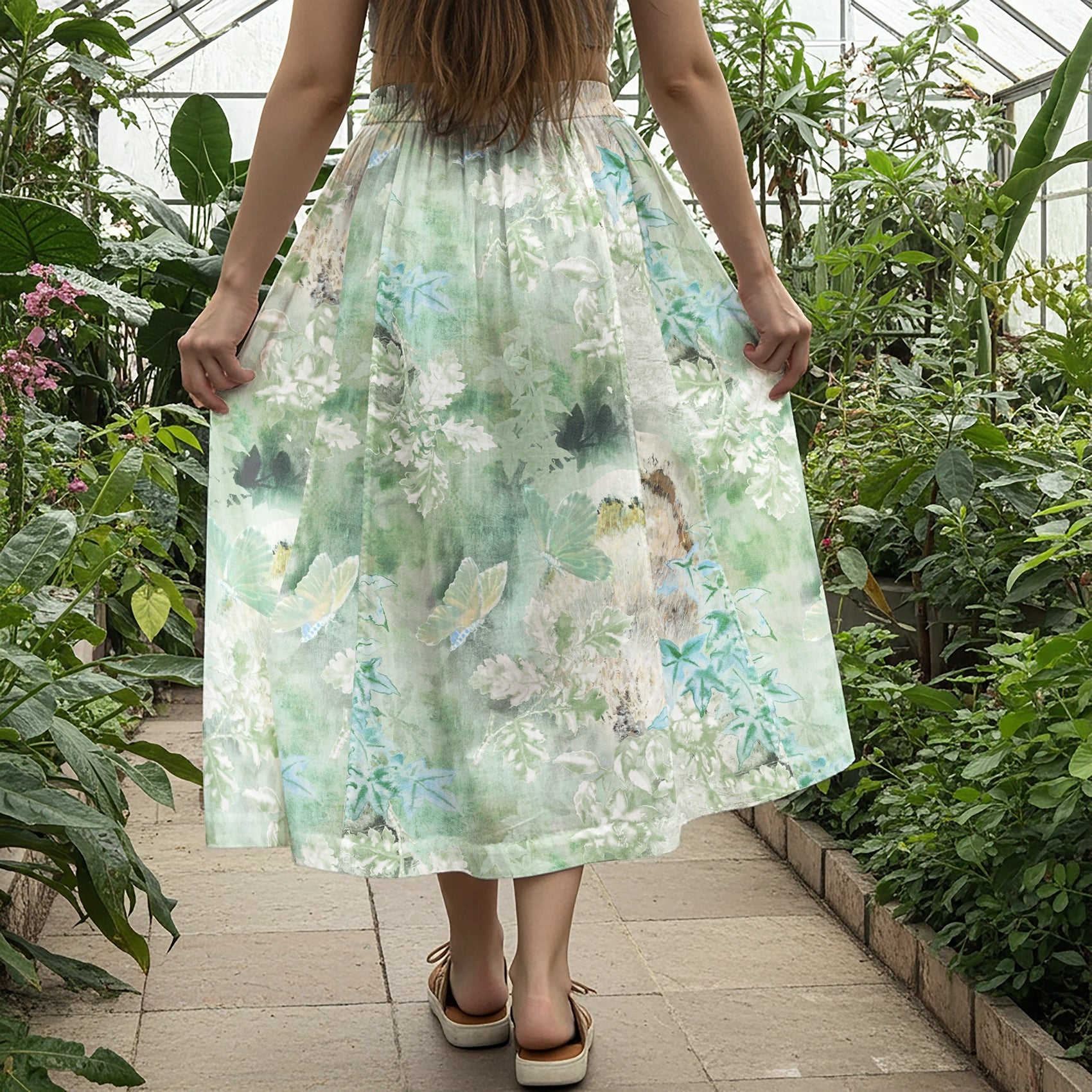 Women Casual Maxi Skirt Long Elastic Waist with Pockets 100% Cotton Green Aloha Forest Sprite