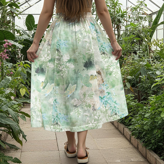 Women Casual Maxi Skirt Long Elastic Waist with Pockets 100% Cotton Green Aloha Forest Sprite