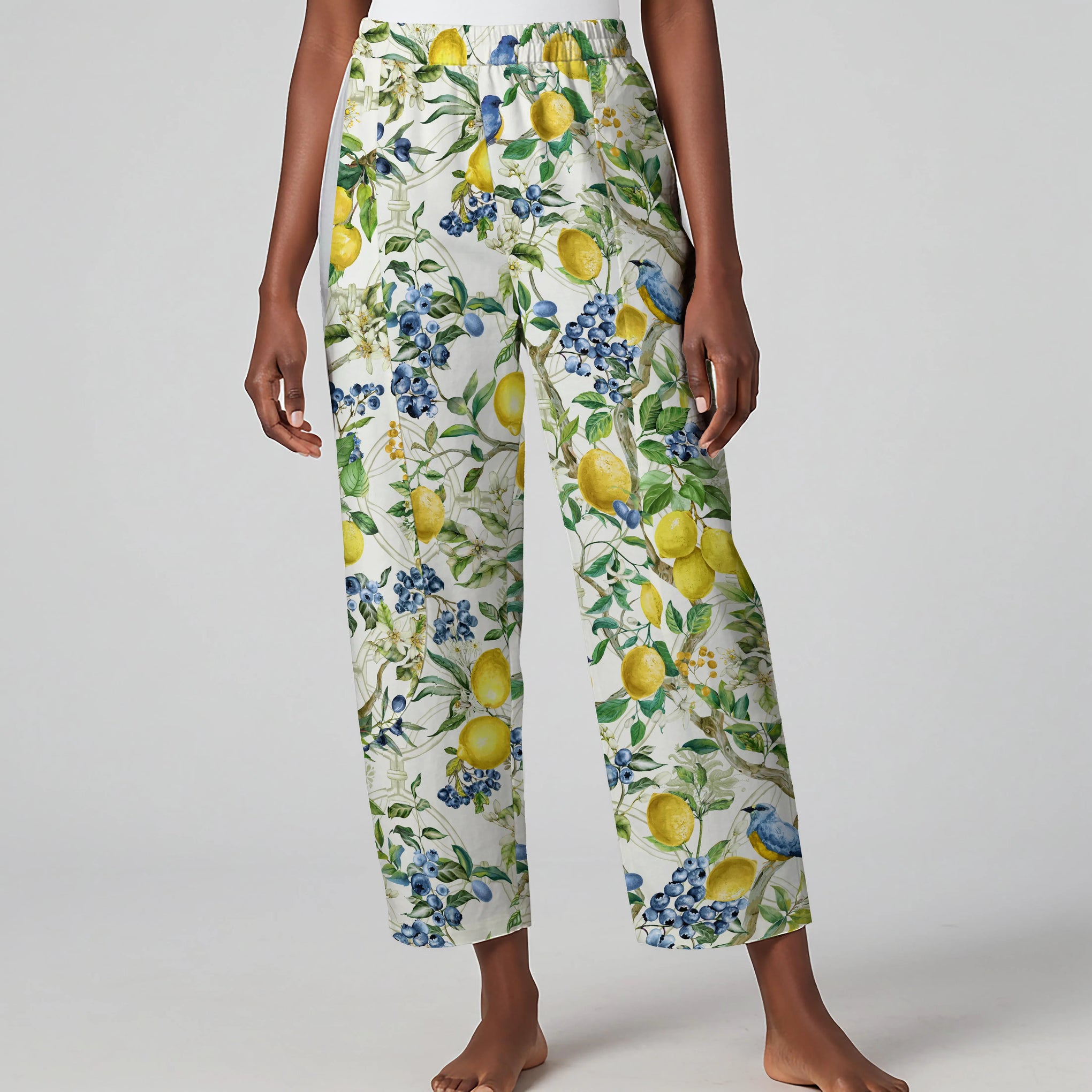 Women Casual Ankle Pants Lounge Elastic Waist with Pockets 93% Lyocell, 7% Linen White Aloha Sicilian Lemon Tree Fantasy