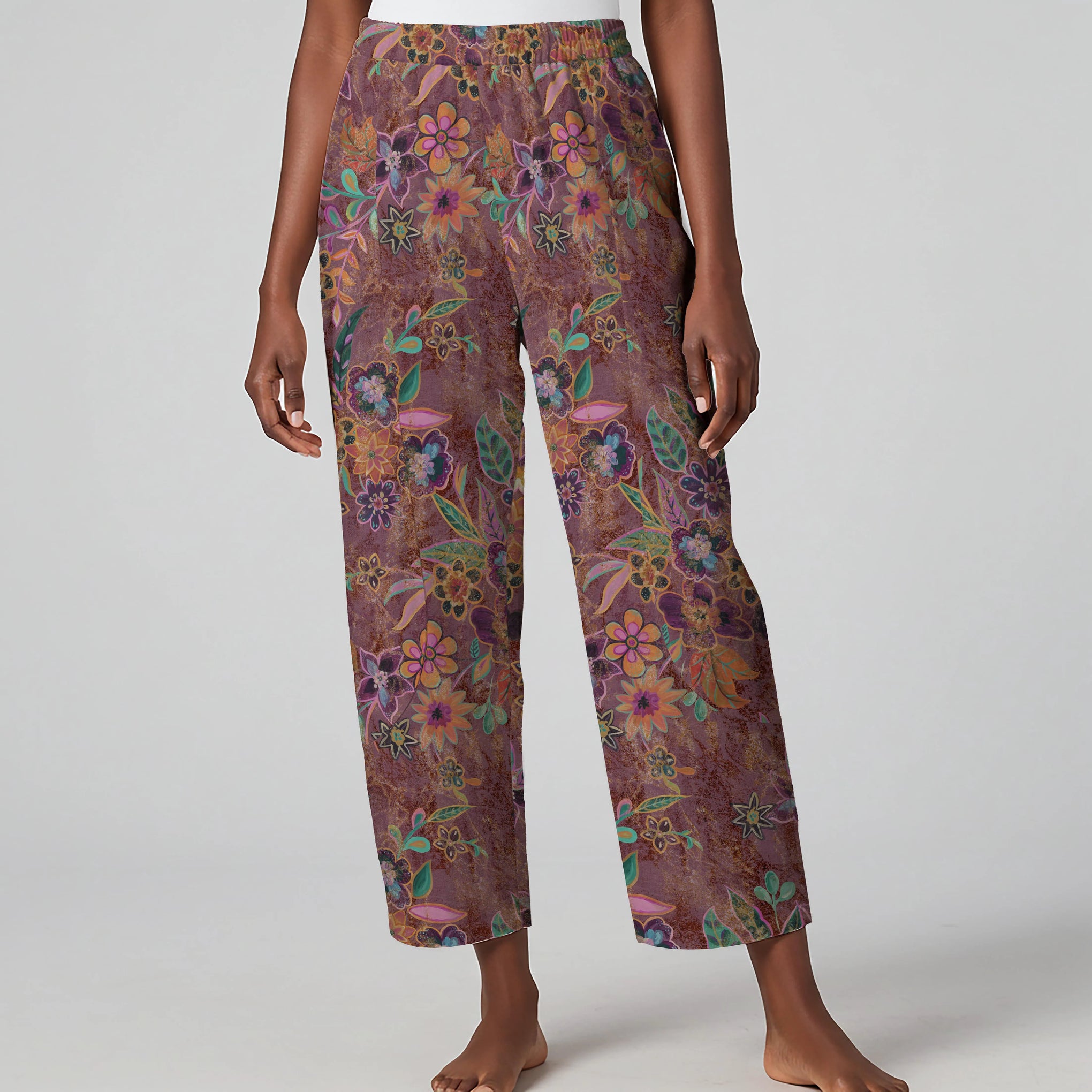 Women Casual Ankle Pants Lounge Elastic Waist with Pockets 93% Lyocell, 7% Linen Purple Aloha Artistic Floral Transformations