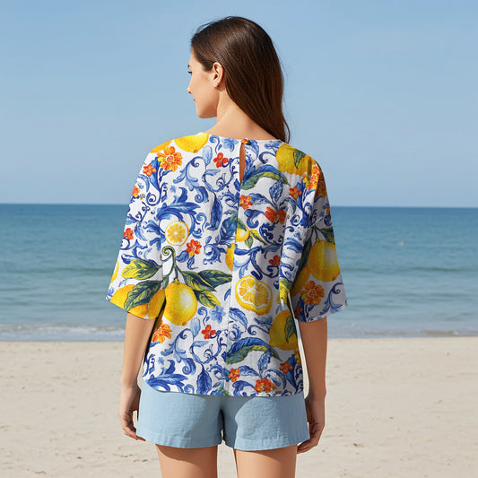 Women Casual Blouse Elbow Sleeve Crew Neck Button-Back 95% Lyocell, 5% Linen Blue Aloha Sicilian Lemons