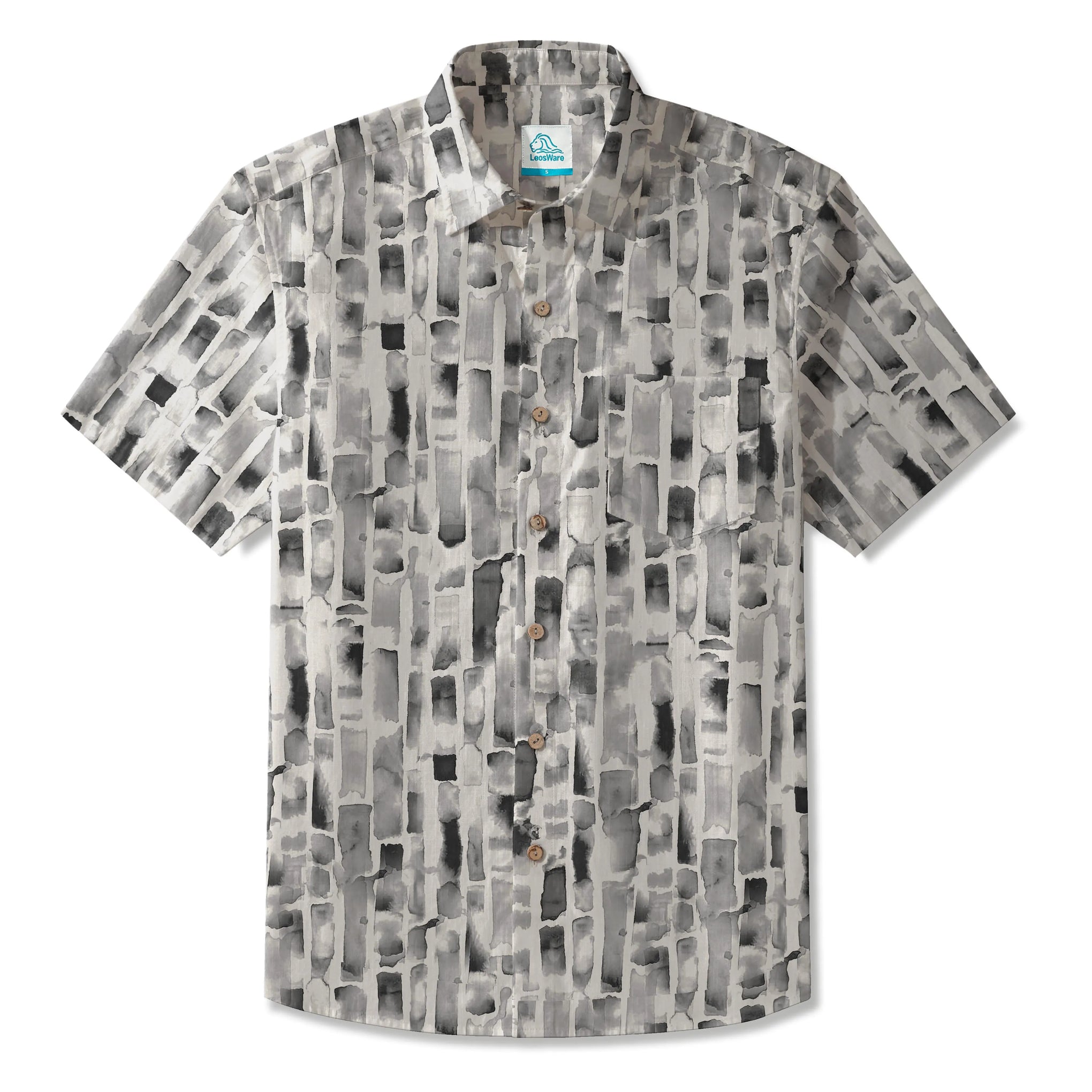 LeosWare® Men's Hawaiian Shirt Short Sleeve Button-up 100% Cotton Gray Aloha Geometric Abstraction