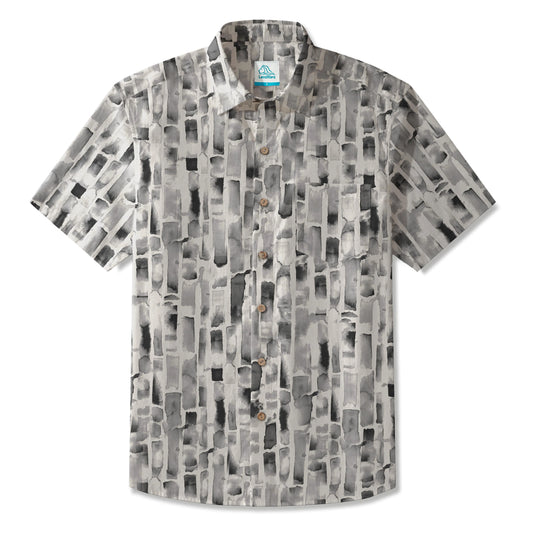 LeosWare® Men's Hawaiian Shirt Short Sleeve Button-up 100% Cotton Gray Aloha Geometric Abstraction