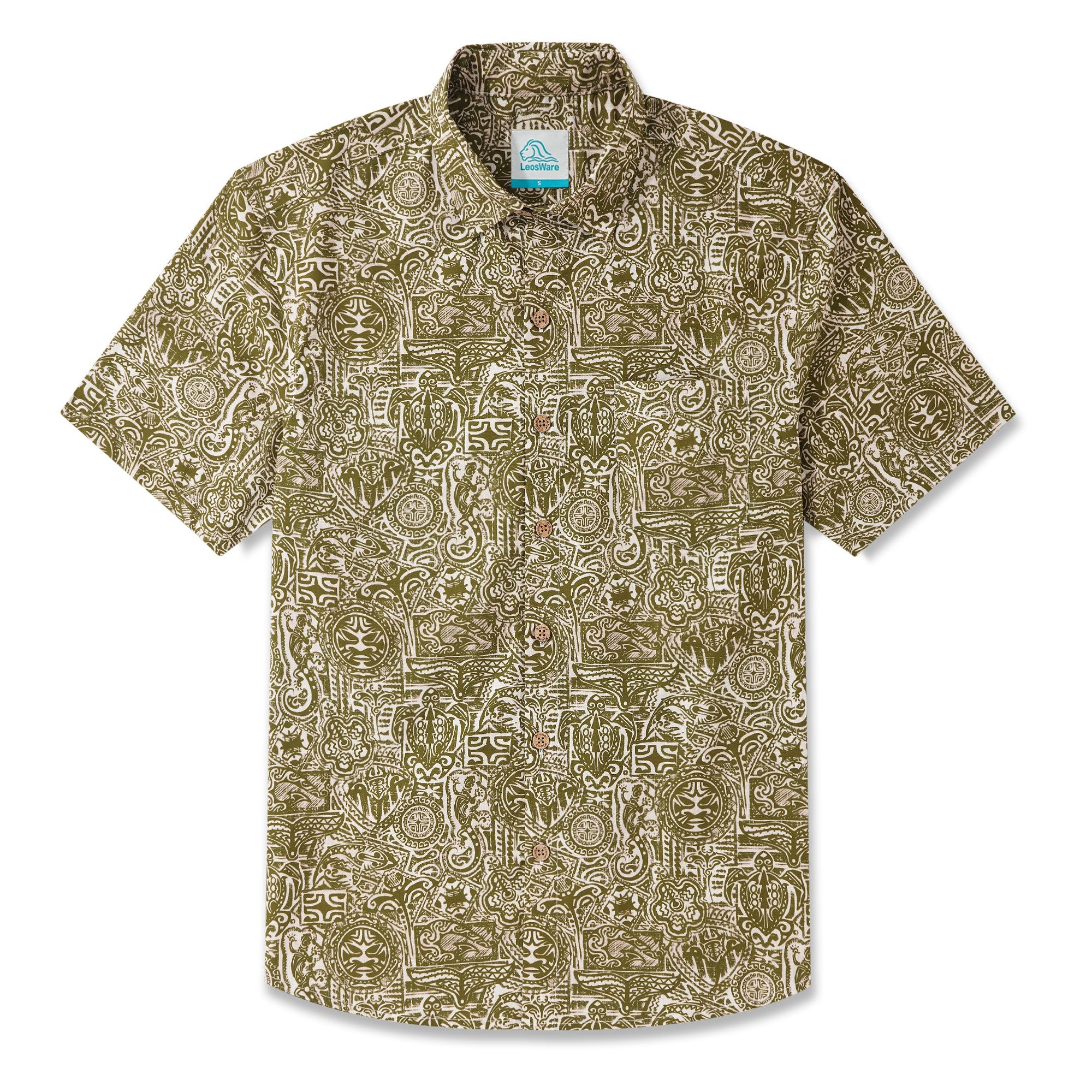 LeosWare® Men's Hawaiian Shirt Short Sleeve Button-up 100% Cotton Yellow Aloha Exotic Tribal Art Patterns