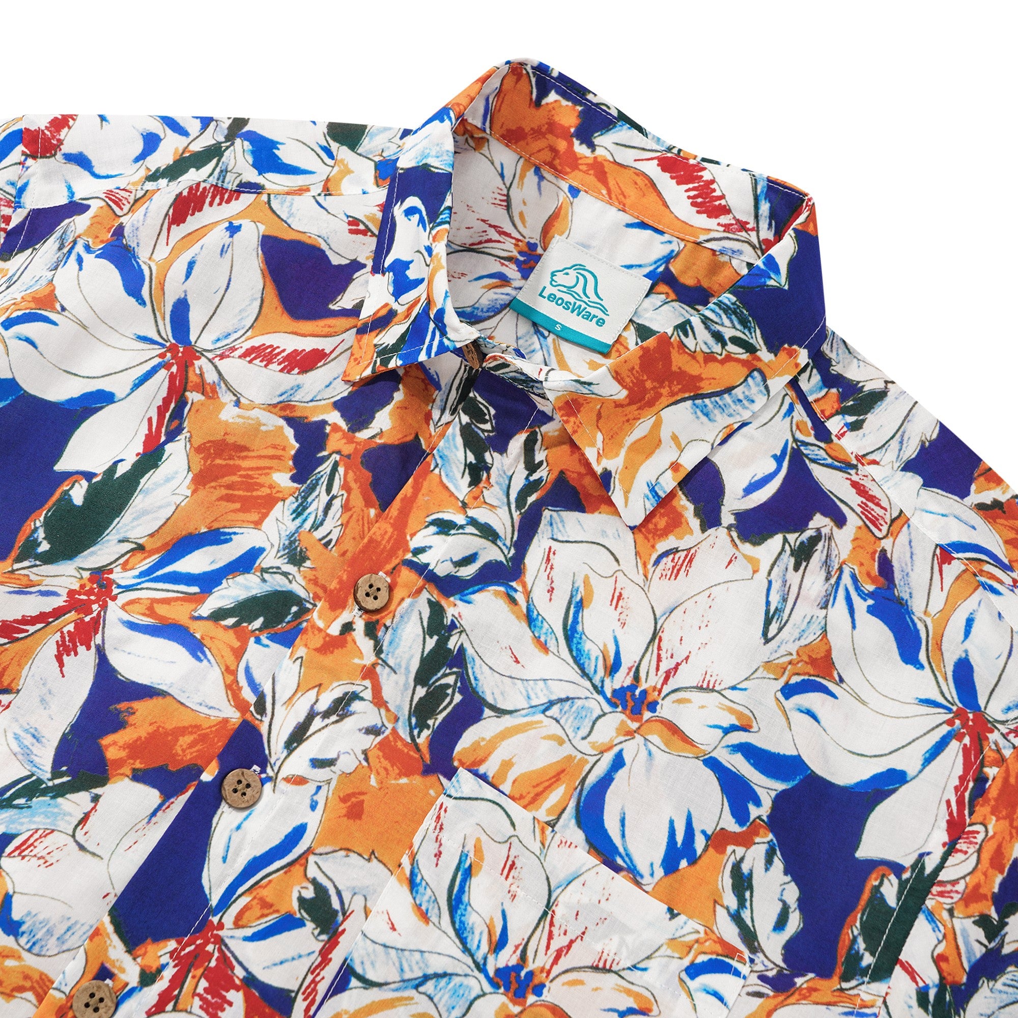 LeosWare® Men's Hawaiian Shirt Short Sleeve Button-up 100% Cotton Blue Aloha Blue Tropical Floral Illustration