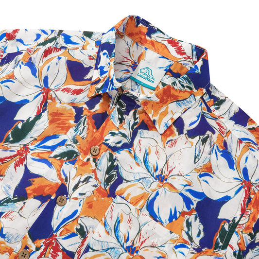 Camisa Hawaiana para Hombres LeosWare® de Manga Corta, Botonada 100% Algodón Azul Aloha, Ilustración Floral Tropical