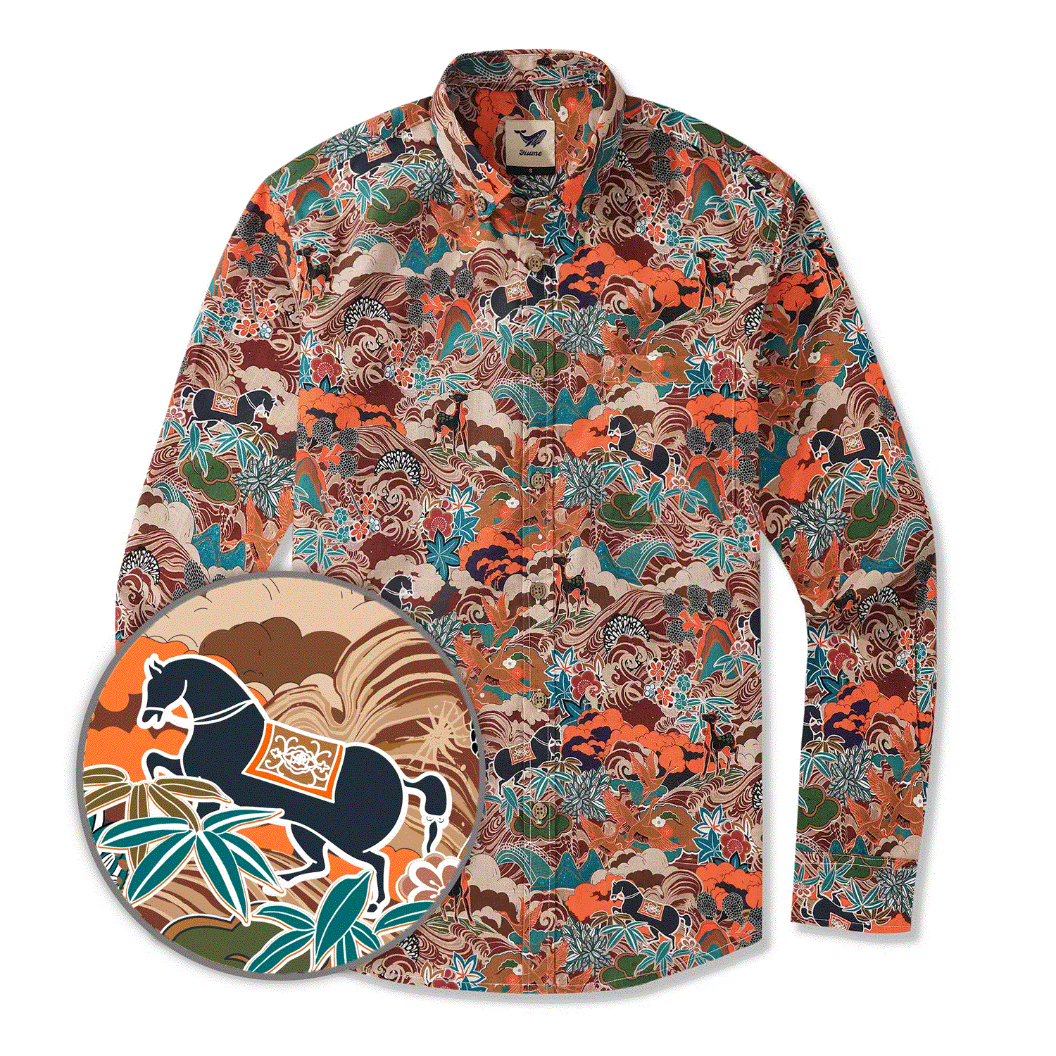 Men's Hawaiian Shirt Long Sleeve Button-down 100% Cotton Brown Aloha Fantasy On The High Seas