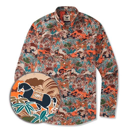 Men's Hawaiian Shirt Long Sleeve Button-down 100% Cotton Brown Aloha Fantasy On The High Seas