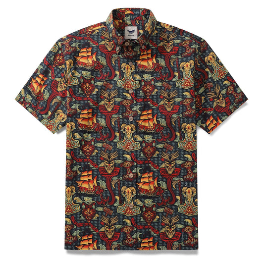 Herren Viking Hawaiian Shirt Piraten Nacht Button-down Kurzarm Baumwoll Aloha Shirt