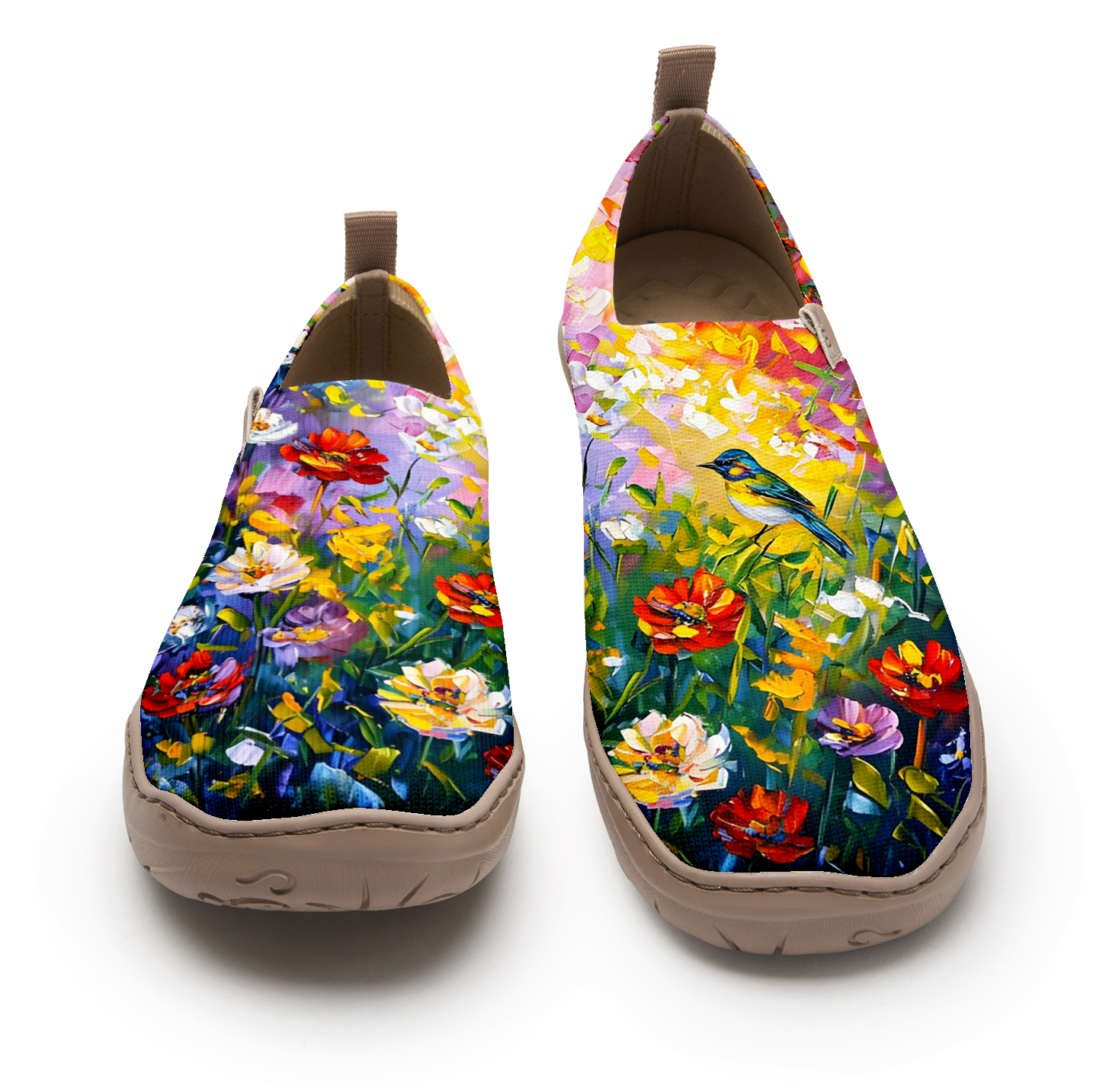 Paint d'huile oiseaux et fleurs chaussures de femmes bleues chaussures bleues florales
