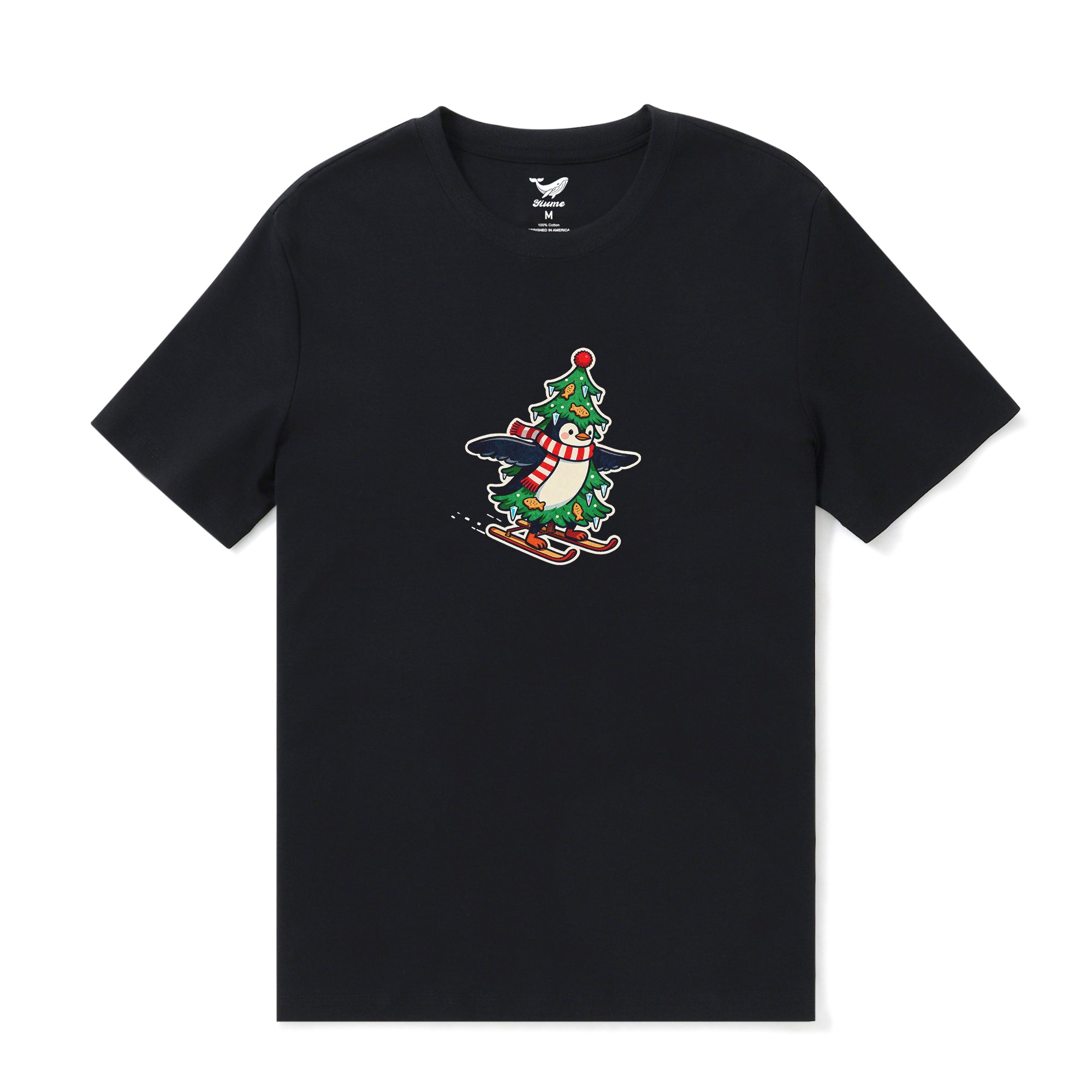 Hawaiian Tee Shirt Short Sleeve 100% Cotton Black Aloha Christmas Skiing Penguin