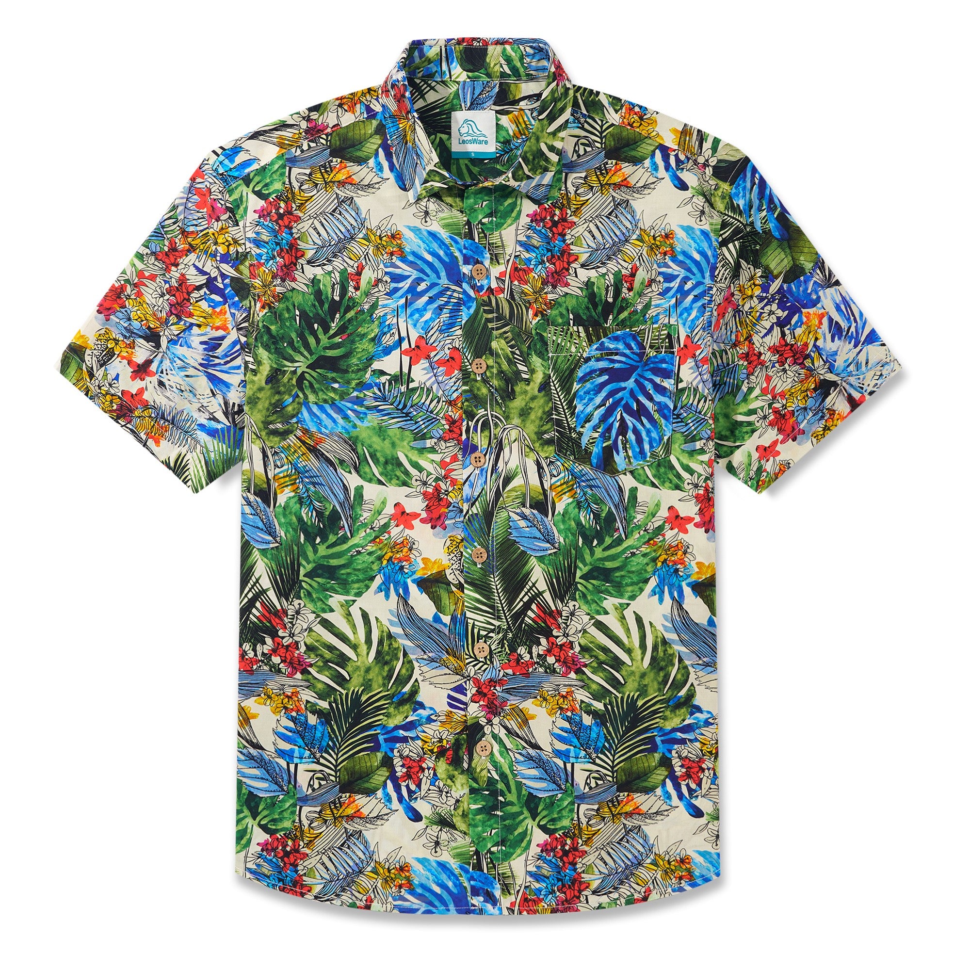 LeosWare® Men's Hawaiian Shirt Short Sleeve Button-up 100% Cotton Green Aloha Tropical Jungle Whispers