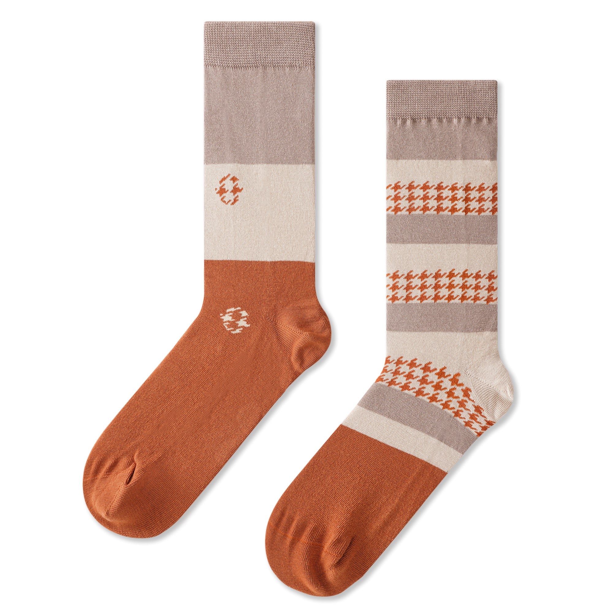Women's Mismatched Crew Socks Colorblock & Houndstooth – Beige & Rust Orange