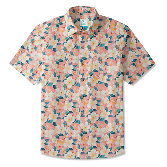 Men's Hawaiian shirt with cherry blossom print, short sleeve, button-up