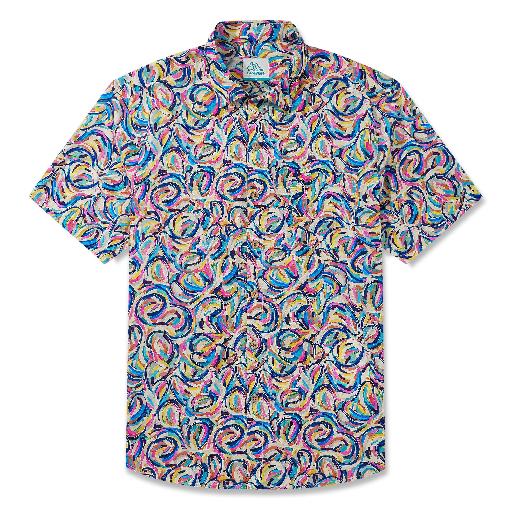 LeosWare® Men's Hawaiian Shirt Short Sleeve Button-up 100% Cotton Aloha Vibrant Abstract Dance Of Curved Lines
