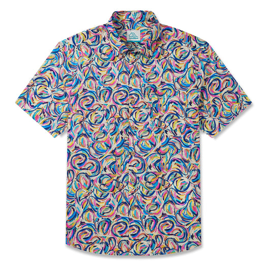 LeosWare® Men's Hawaiian Shirt Short Sleeve Button-up 100% Cotton Aloha Vibrant Abstract Dance Of Curved Lines
