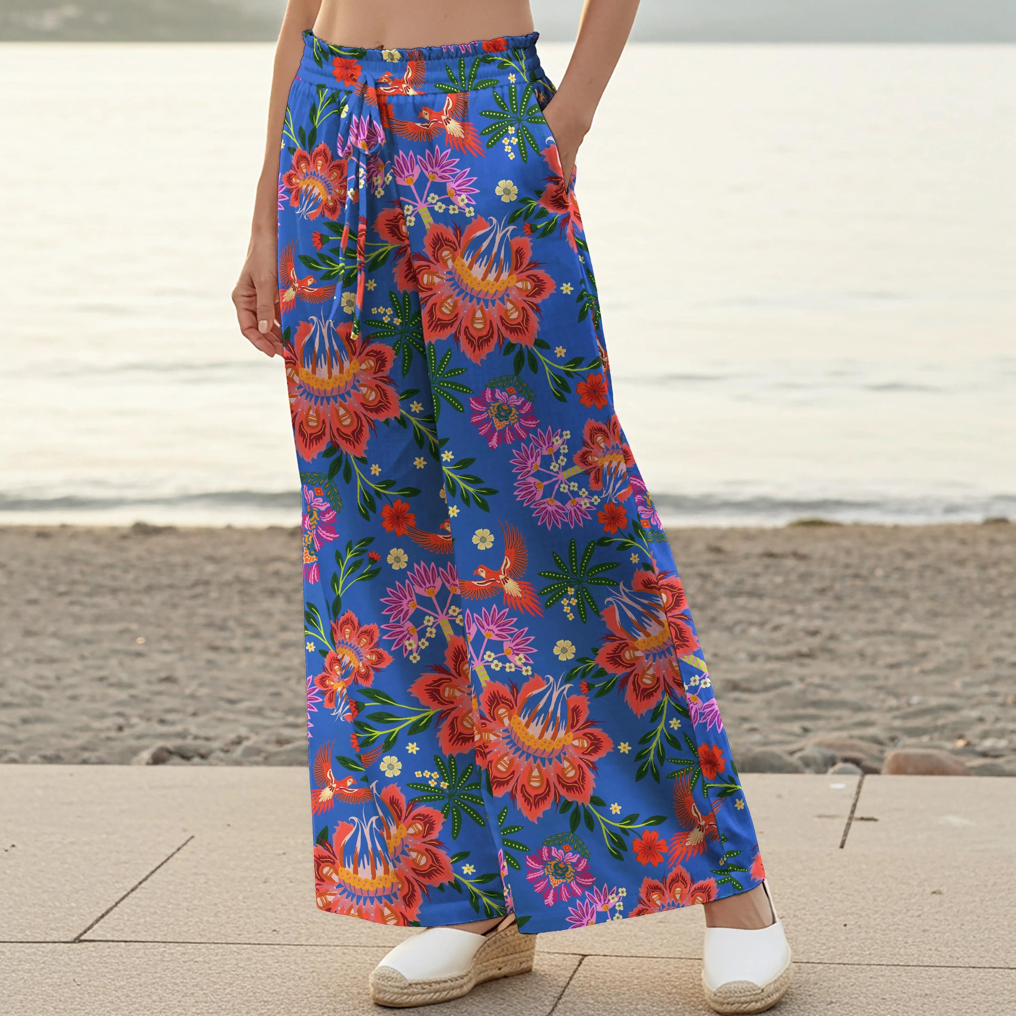 Women Casual Pants Lounge Elastic Waist Drawstring with Pockets 100% Cotton Blue Aloha Vibrant Tropical Garden
