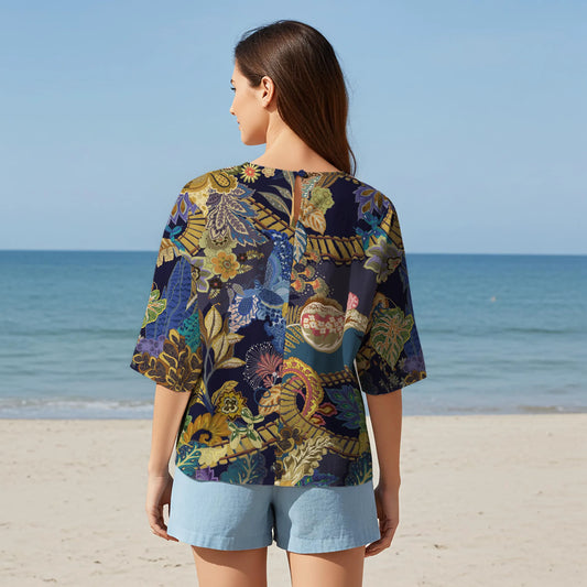 Women Casual Blouse Elbow Sleeve Round Neck Button-Back 95% Lyocell, 5% Linen Brown Aloha Magic Plants Realm