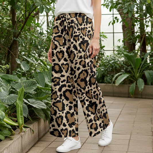 Women Casual Pants Lounge Elastic Waist Drawstring with Pockets 93% Lyocell, 7% Linen Black Aloha Leopard Wilderness Whisper