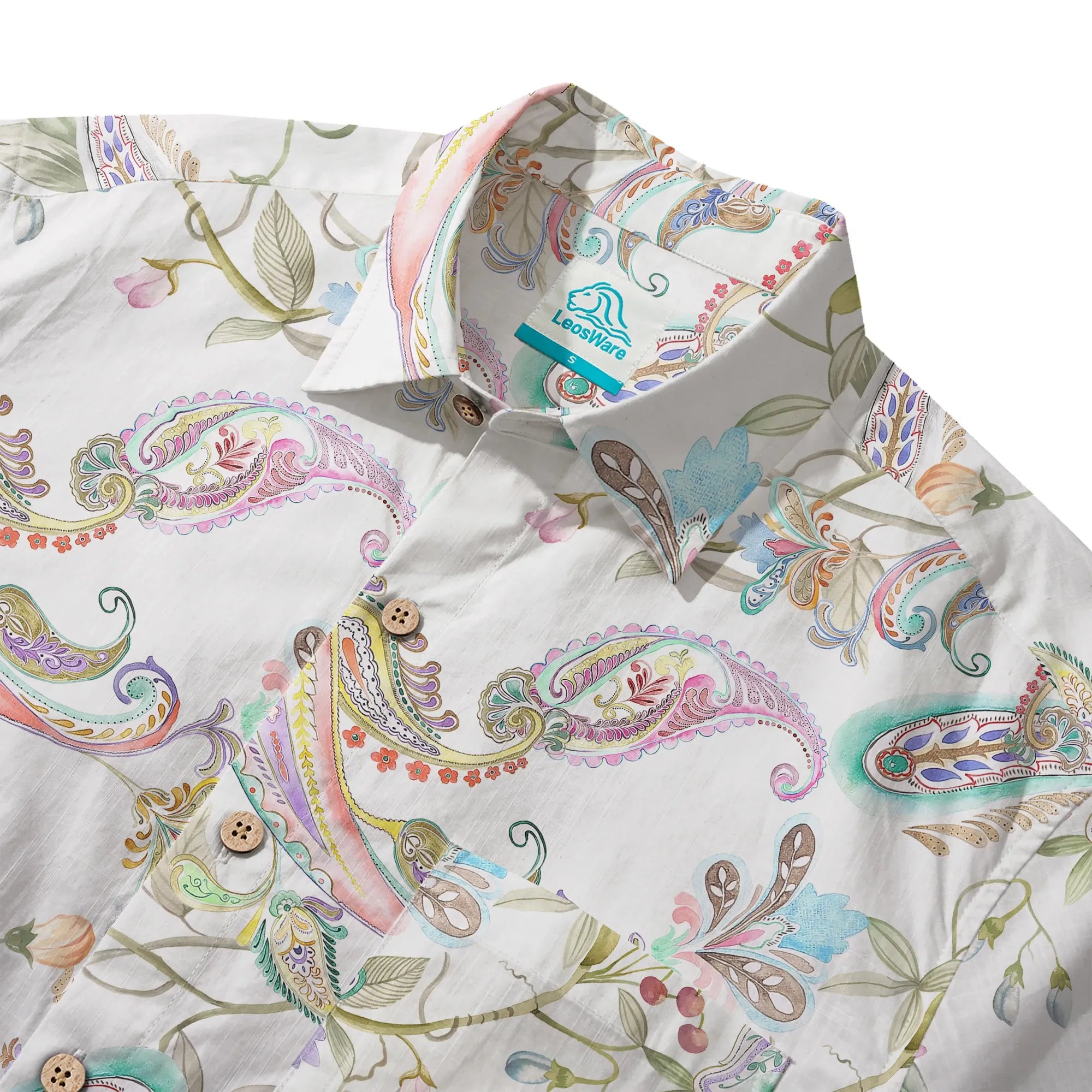 Button-up green paisley garden shirt for men, 100% cotton