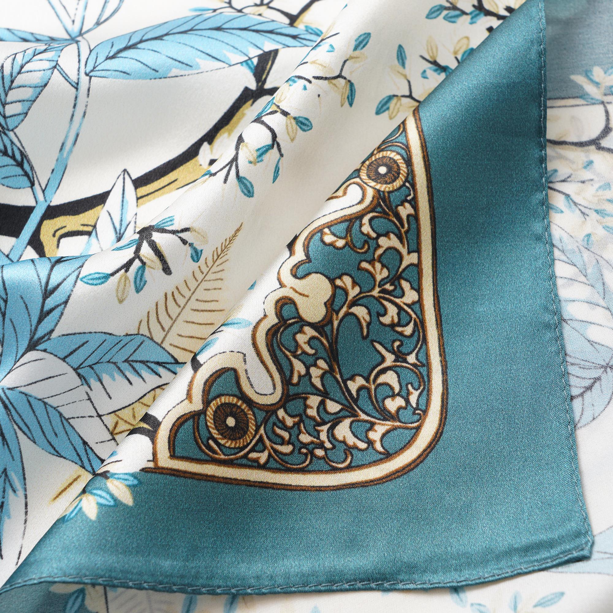 Floral Square Scarf 100% Mulberry Silk Azure Leaf Elegance Azure Leaf Elegance 100% Silk 53*53cm