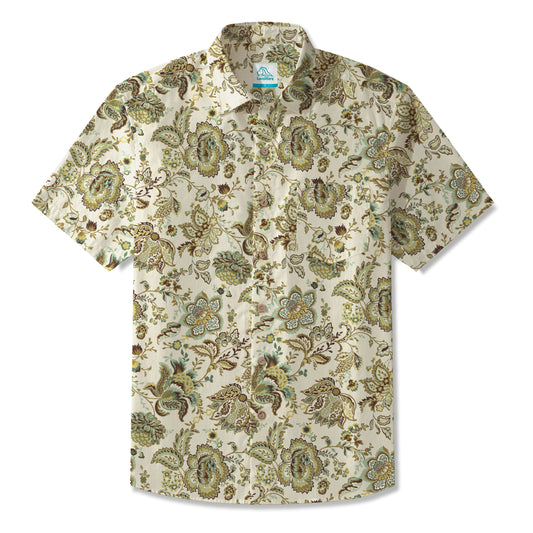LeosWare® Men's Hawaiian Shirt Short Sleeve Button-up 100% Cotton Green Aloha Vintage Ethnic Floral Design