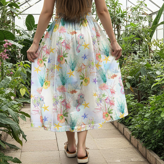 Women Casual Maxi Skirt Long Elastic Waist with Pockets 100% Cotton Blue Aloha Ocean Wonderland