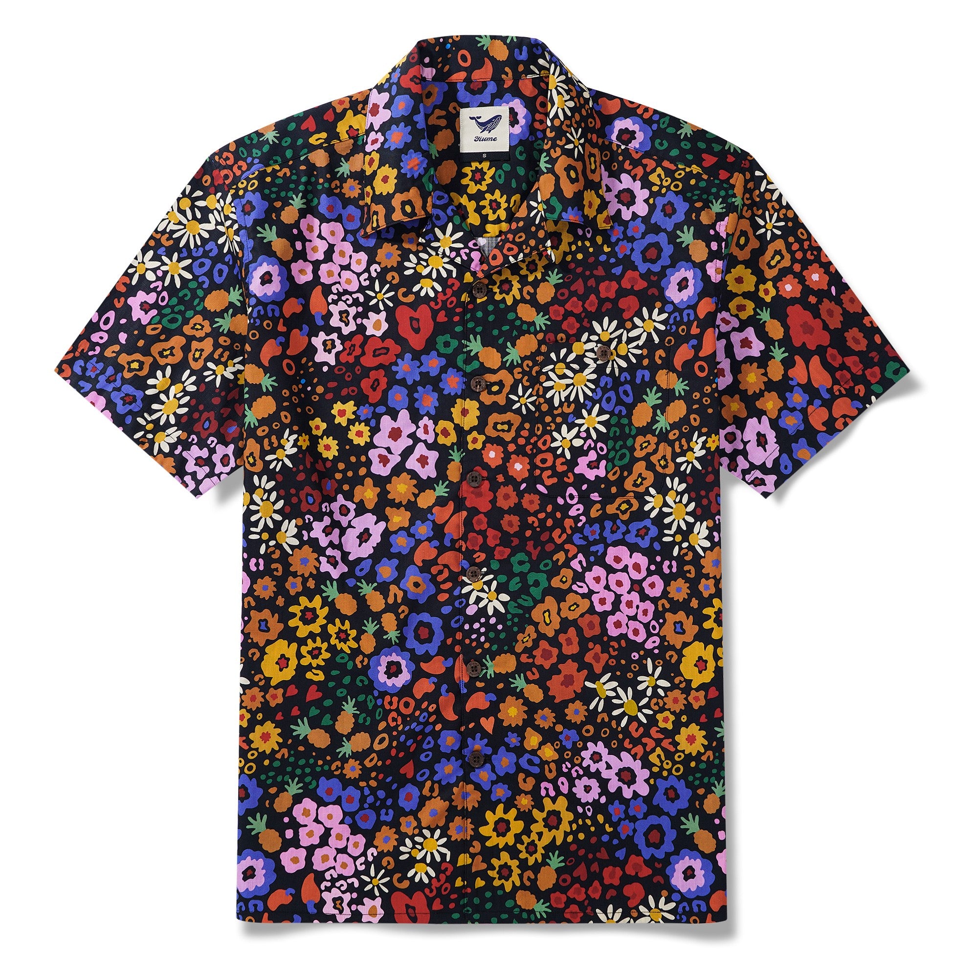 メンズハワイアンシャツ半袖キャンプカラー100％コットンブラックアロハミッドナイトブロッサムレオパードプリント