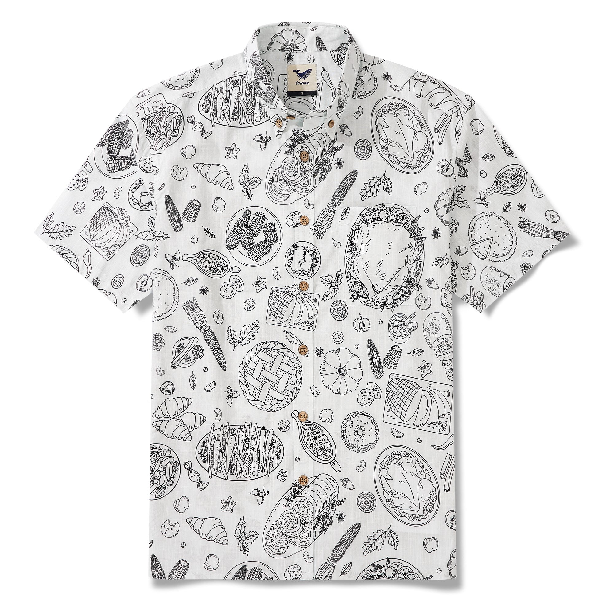 Men's Hawaiian Shirt Short Sleeve Button-down 100% Cotton White Aloha Harvest Sketch