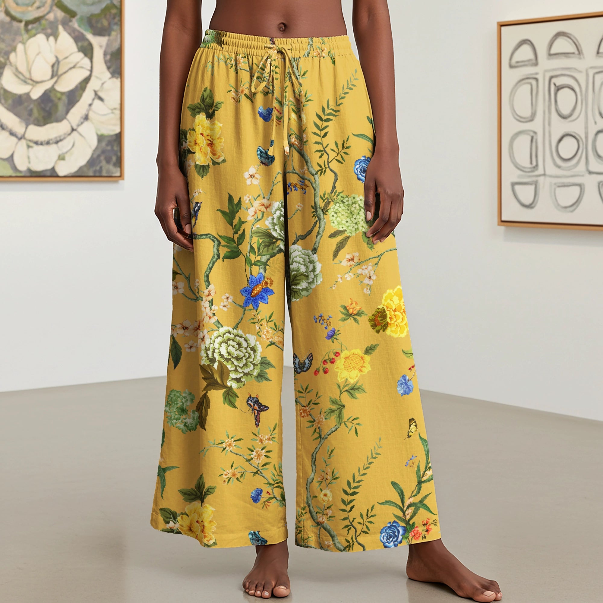 Women Casual Pants Lounge Elastic Waist Drawstring with Pockets 93% Lyocell, 7% Linen Yellow Aloha Turmeric Courtyard Blossom