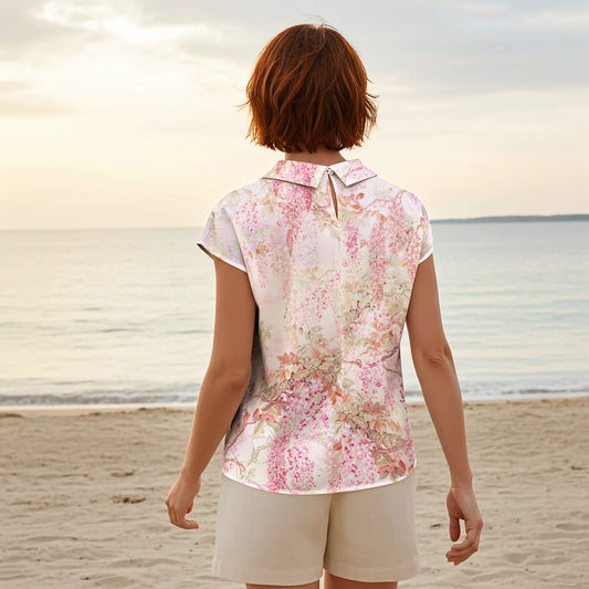 Women Casual Blouse Cap Sleeve Fold-Over Neck Button-Back 100% Lyocell Aloha Romantic Pink Vine
