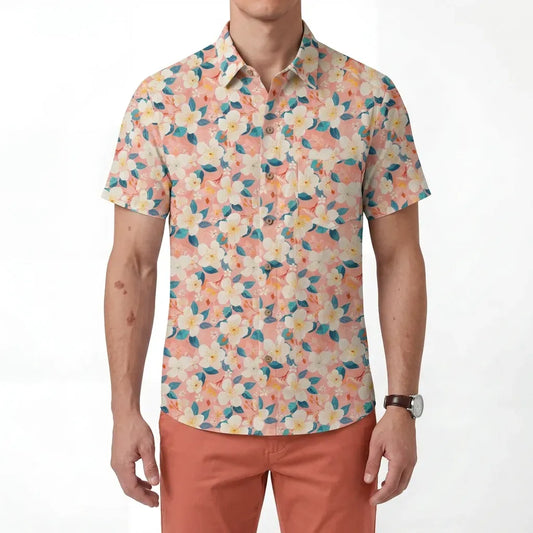 Back view of cherry blossom Hawaiian shirt, men's short sleeve